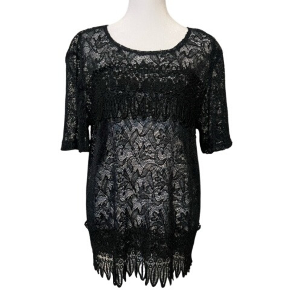 Black Lace Semi Sheer Fringe Hem Back Zip Short‎ Sleeve Blouse Boho Stevie Nicks